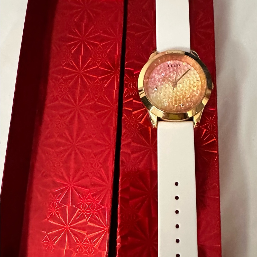 Guess Gold Watch with White Band and Pink Dial